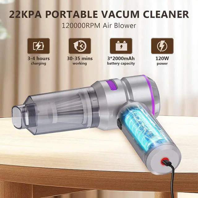 Alt view image 3 of 7 - 22000PA Handheld Vacuum Cleaner - 4-in-1 Cordless Car Vacuum with Brushless Motor, Type-C Fast Charging, Portable Air Duster for Home/Car/Office (Purple)