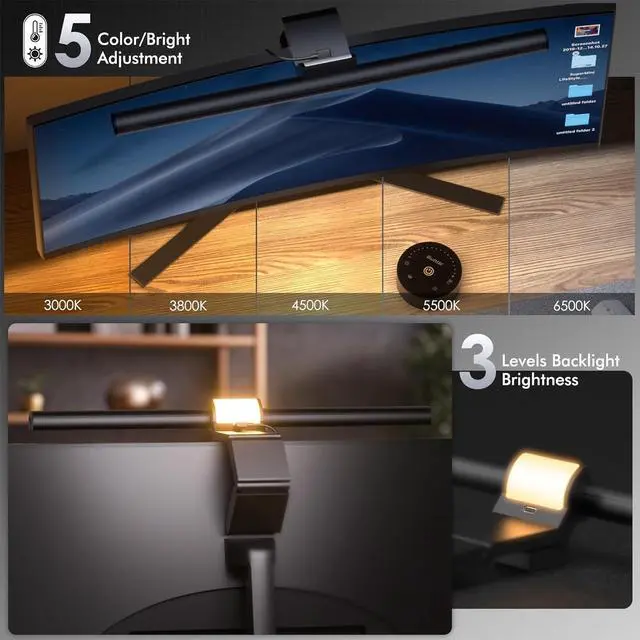 Alt view image 4 of 7 - Monitor Light Bar with Remote, 16.7'' Eye Care No Glare Computer Light Bar with Backlight, Auto-Dimming & Timer, Stepless Dimming Monitor Lamp for Desk Gaming Home Office Curved Monitors