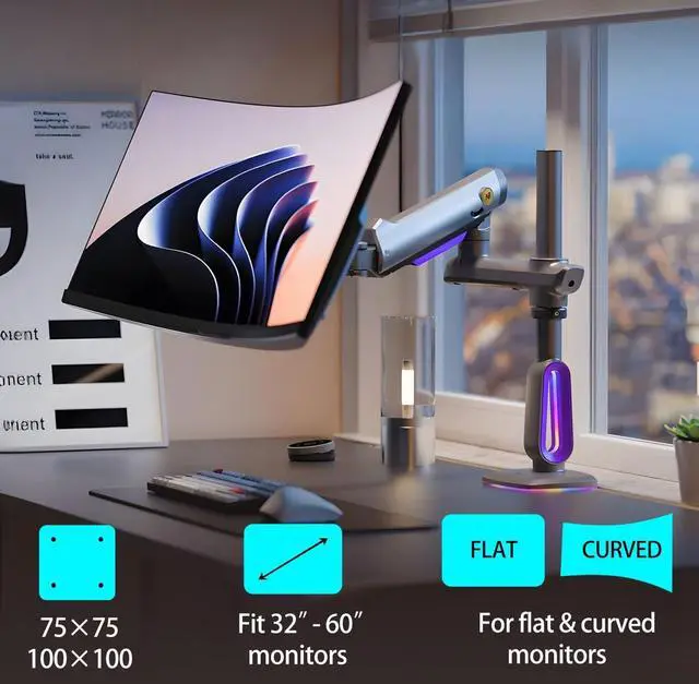 Alt view image 2 of 7 - NB Extra Height Gaming Monitor Arm for 32 to 60 Inches Screen, Load up to 20 kg, VESA 75/100, RGB-Light, Heavy Duty, Multi Angle Adjustable, Premium Aluminum, Long Arm Extension Purple Blue
