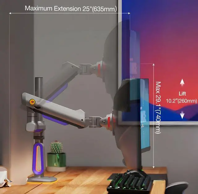 Alt view image 4 of 7 - NB Extra Height Gaming Monitor Arm for 32 to 60 Inches Screen, Load up to 20 kg, VESA 75/100, RGB-Light, Heavy Duty, Multi Angle Adjustable, Premium Aluminum, Long Arm Extension Purple Blue
