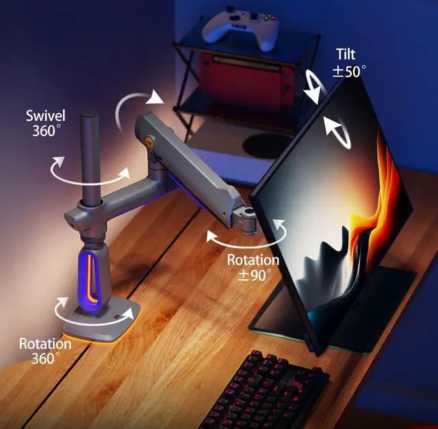 Alt view image 5 of 7 - NB Extra Height Gaming Monitor Arm for 32 to 60 Inches Screen, Load up to 20 kg, VESA 75/100, RGB-Light, Heavy Duty, Multi Angle Adjustable, Premium Aluminum, Long Arm Extension Purple Blue