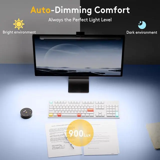 Alt view image 4 of 7 - Quntis 20.5'' Computer Monitor Light - Radar Motion Sensor, Eye-Care Professional Desk Lamp Bar, Stepless Dimming Remote Control, Auto-Dimming & Timer, Space Saving Fit for Curved & All Screens