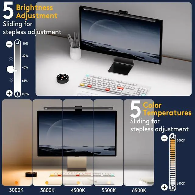 Alt view image 5 of 7 - Quntis 20.5'' Computer Monitor Light - Radar Motion Sensor, Eye-Care Professional Desk Lamp Bar, Stepless Dimming Remote Control, Auto-Dimming & Timer, Space Saving Fit for Curved & All Screens