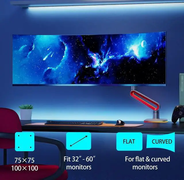 Alt view image 2 of 7 - NB Designer Gaming Monitor Arm for 32 to 60 Inches Screen, Load up to 20 kg, VESA 75/100, RGB-Light, Heavy Duty, Multi Angle Adjustable, Premium Aluminum, Long Arm Extension Red