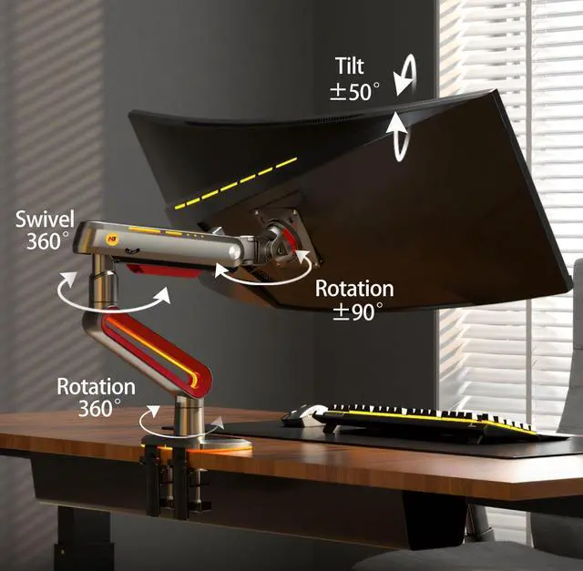 Alt view image 4 of 7 - NB Designer Gaming Monitor Arm for 32 to 60 Inches Screen, Load up to 20 kg, VESA 75/100, RGB-Light, Heavy Duty, Multi Angle Adjustable, Premium Aluminum, Long Arm Extension Red