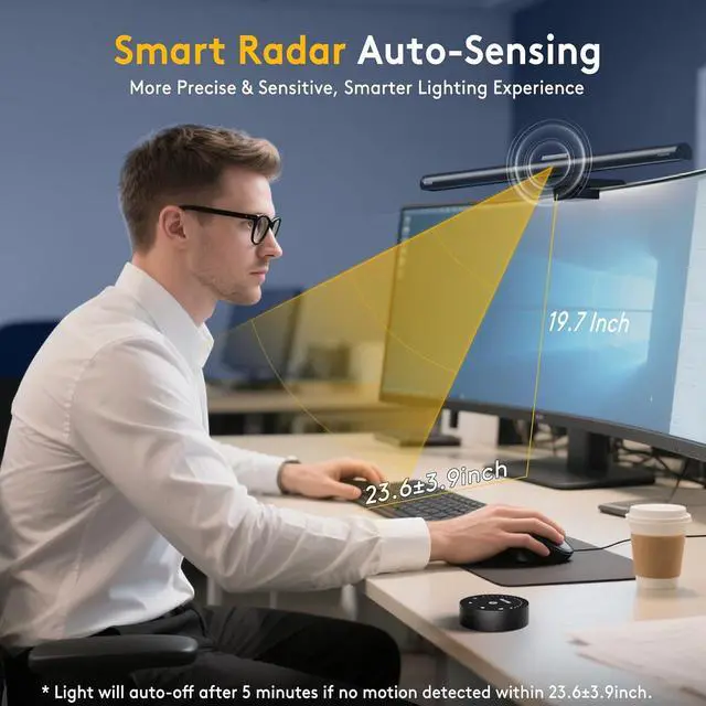 Alt view image 3 of 7 - Quntis 20.5'' Computer Monitor Light - Radar Motion Sensor, Eye-Care Professional Desk Lamp Bar, Stepless Dimming Remote Control, Auto-Dimming & Timer, Space Saving Fit for Curved & All Screens