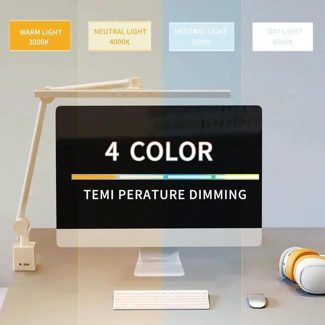 Alt view image 4 of 7 - LED Desk Lamp with Clamp,Monitor Light Bar,Eye-Caring Desk Light,Ultra High Definition and Brightness Table Light,4 Modes 12 Brightness, (White Desk Lamp with Clamp)