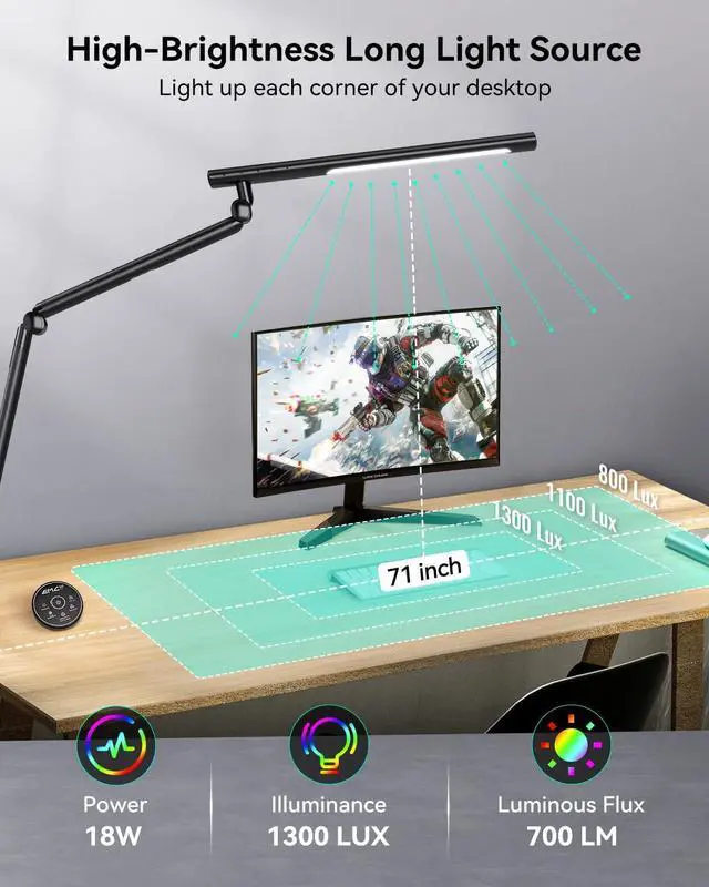 Alt view image 2 of 7 - LED Desk Lamp with Clamp, 18W Architect Desk Lamp with Dual Light, Flexible 3 Sections Swing Arm, with RGB Light, with Remote, with Sensor Switch, Stepless Dimming, 4 Color Mode & 5 Brightness