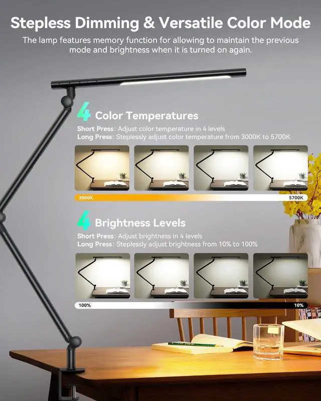Alt view image 3 of 7 - LED Desk Lamp with Clamp, 18W Architect Desk Lamp with Dual Light, Flexible 3 Sections Swing Arm, with RGB Light, with Remote, with Sensor Switch, Stepless Dimming, 4 Color Mode & 5 Brightness