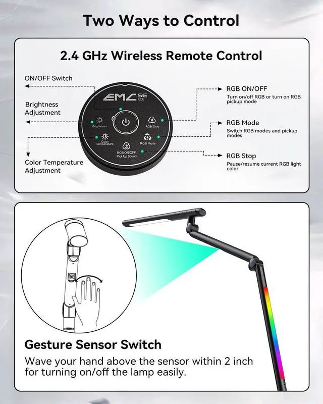 Alt view image 5 of 7 - LED Desk Lamp with Clamp, 18W Architect Desk Lamp with Dual Light, Flexible 3 Sections Swing Arm, with RGB Light, with Remote, with Sensor Switch, Stepless Dimming, 4 Color Mode & 5 Brightness