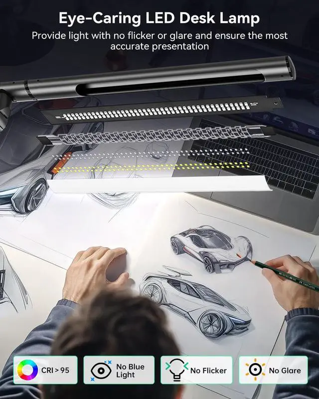 Alt view image 7 of 7 - LED Desk Lamp with Clamp, 18W Architect Desk Lamp with Dual Light, Flexible 3 Sections Swing Arm, with RGB Light, with Remote, with Sensor Switch, Stepless Dimming, 4 Color Mode & 5 Brightness