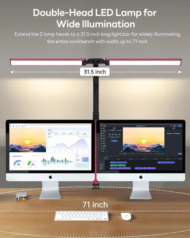 Alt view image 2 of 7 - LED Desk Lamp for Home Office, Eye-Caring Desk Light with Clamp, Stepless Dimming 24W Double Head Architect Task Lamp with Remote Control, Flexible Gooseneck for Working Studying Reading DraftingRED)