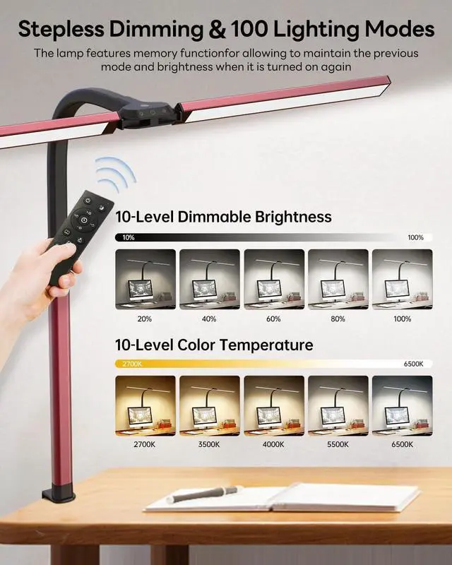 Alt view image 4 of 7 - LED Desk Lamp for Home Office, Eye-Caring Desk Light with Clamp, Stepless Dimming 24W Double Head Architect Task Lamp with Remote Control, Flexible Gooseneck for Working Studying Reading DraftingRED)