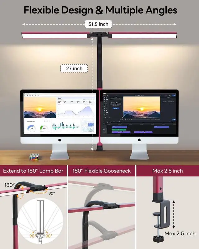 Alt view image 5 of 7 - LED Desk Lamp for Home Office, Eye-Caring Desk Light with Clamp, Stepless Dimming 24W Double Head Architect Task Lamp with Remote Control, Flexible Gooseneck for Working Studying Reading DraftingRED)