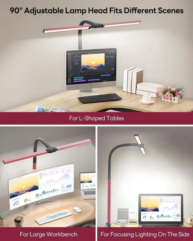 Alt view image 6 of 7 - LED Desk Lamp for Home Office, Eye-Caring Desk Light with Clamp, Stepless Dimming 24W Double Head Architect Task Lamp with Remote Control, Flexible Gooseneck for Working Studying Reading DraftingRED)