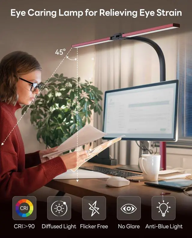 Alt view image 7 of 7 - LED Desk Lamp for Home Office, Eye-Caring Desk Light with Clamp, Stepless Dimming 24W Double Head Architect Task Lamp with Remote Control, Flexible Gooseneck for Working Studying Reading DraftingRED)