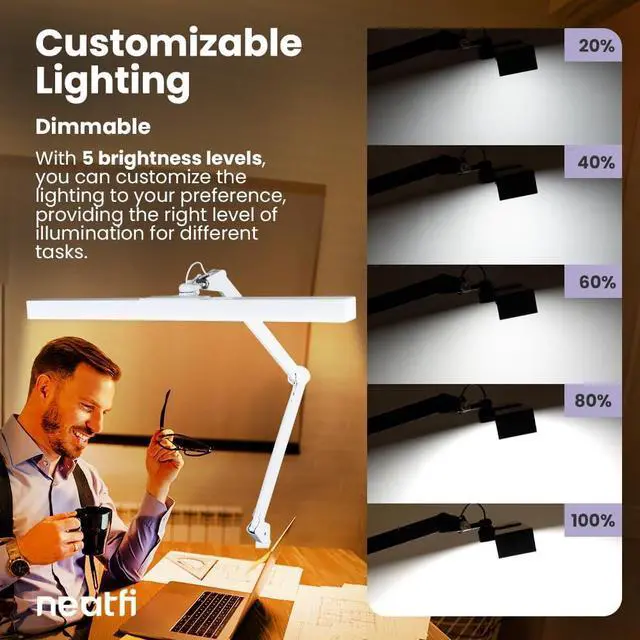 Alt view image 5 of 7 - 3,000 Lumens Ultra LED Desk Lamp with Clamp, 30W Dimmable Monitor Light, 5 Brightness Levels & 5 Light Modes (White, 28 Inches with Metal Arm)