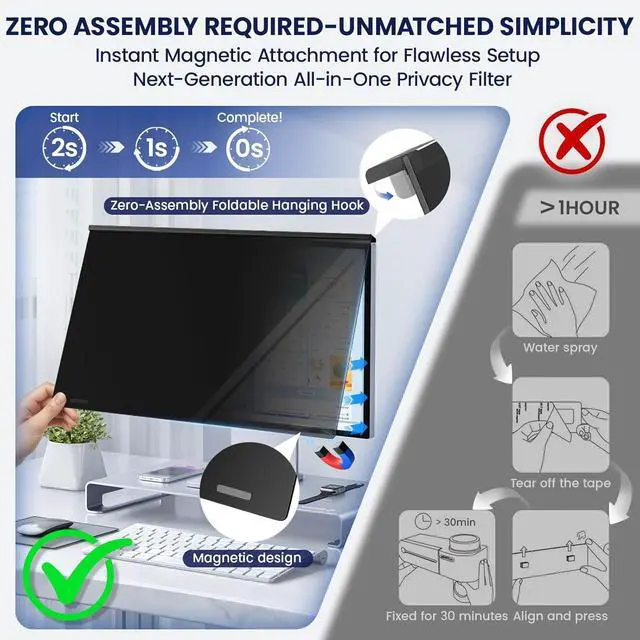 Alt view image 5 of 7 - Magnetic 32 Inch Privacy Screen for Frameless Computer Monitor 16:9 Aspect Ratio,Hanging Blue Light Screen Protector Eye Protection Anti-Spy Shield, 32in Removable Privacy Filter