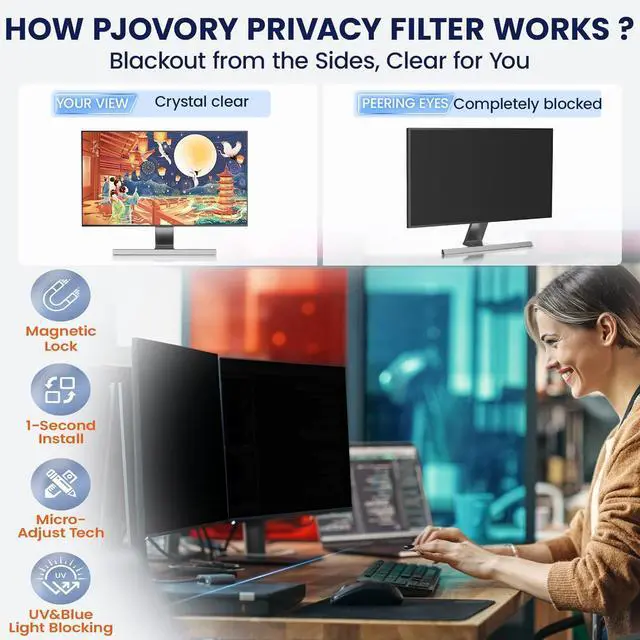 Alt view image 4 of 7 - Magnetic 32 Inch Privacy Screen for Frameless Computer Monitor 16:9 Aspect Ratio,Hanging Blue Light Screen Protector Eye Protection Anti-Spy Shield, 32in Removable Privacy Filter