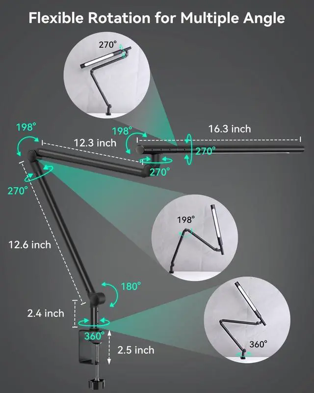 Alt view image 4 of 7 - LED Desk Lamp with Clamp, 18W Architect Desk Lamp with Dual Light, Flexible 3 Sections Swing Arm, with RGB Light, with Remote, with Sensor Switch, Stepless Dimming, 4 Color Mode & 5 Brightness