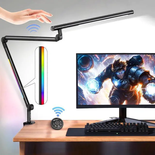 Main image of LED Desk Lamp with Clamp, 18W Architect Desk Lamp with Dual Light, Flexible 3 Sections Swing Arm, with RGB Light, with Remote, with Sensor Switch, Stepless Dimming, 4 Color Mode & 5 Brightness