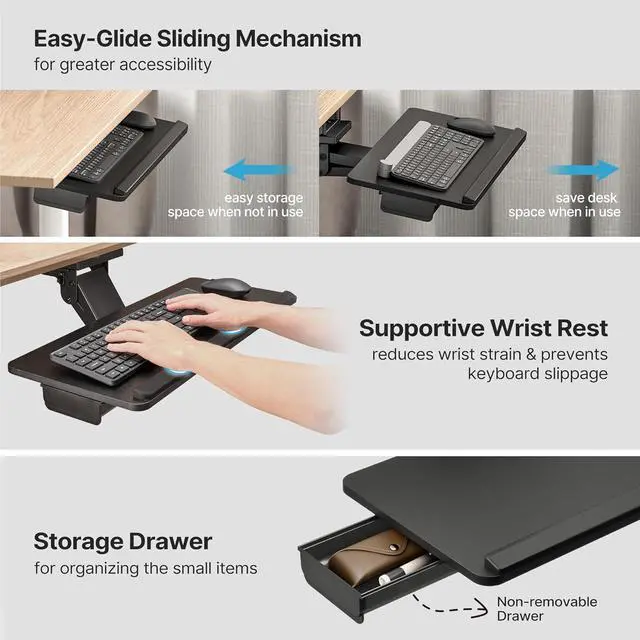 Alt view image 5 of 7 - Keyboard Tray Under Desk with Storage Drawer, Height Adjustable Keyboard Tray Slide Out Swivel Tilt, Ergonomic Under Desk Mount Keyboard & Mouse Holder for Gaming Home Office, 25x11'', Black