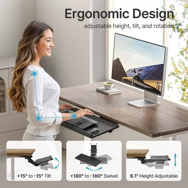 Alt view image 4 of 7 - Keyboard Tray Under Desk with Storage Drawer, Height Adjustable Keyboard Tray Slide Out Swivel Tilt, Ergonomic Under Desk Mount Keyboard & Mouse Holder for Gaming Home Office, 25x11'', Black