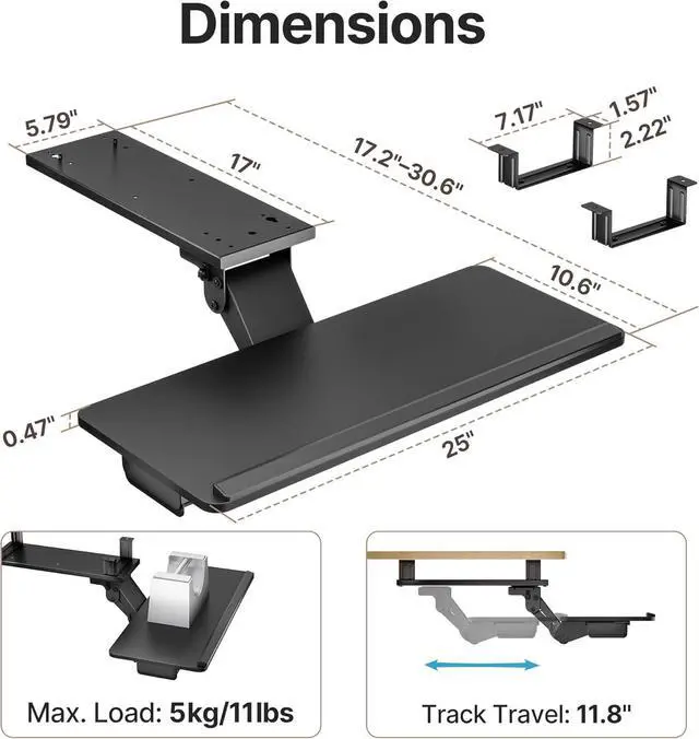 Alt view image 6 of 7 - Keyboard Tray Under Desk with Storage Drawer, Height Adjustable Keyboard Tray Slide Out Swivel Tilt, Ergonomic Under Desk Mount Keyboard & Mouse Holder for Gaming Home Office, 25x11'', Black