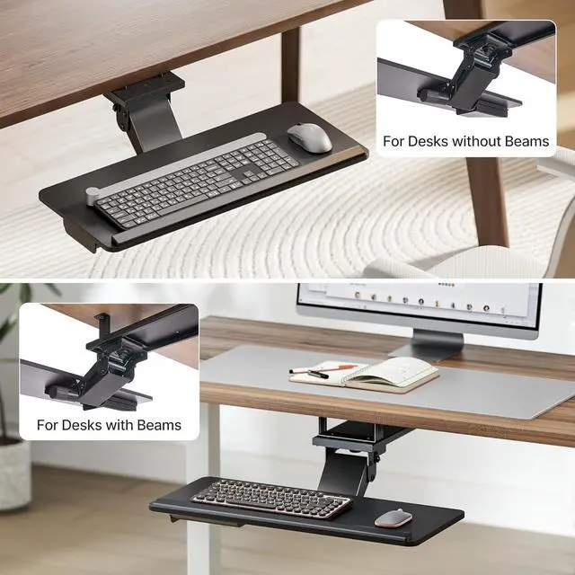 Alt view image 7 of 7 - Keyboard Tray Under Desk with Storage Drawer, Height Adjustable Keyboard Tray Slide Out Swivel Tilt, Ergonomic Under Desk Mount Keyboard & Mouse Holder for Gaming Home Office, 25x11'', Black
