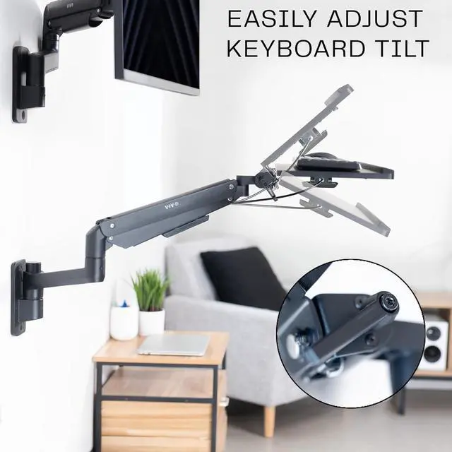 Alt view image 6 of 7 - Sit-Stand 24 Inch Pneumatic Spring Keyboard and Mouse Tray Wall Mount, Counterbalance Height Adjustable Typing Platform, Ergonomic Tilt, Black, MOUNT-KB35C