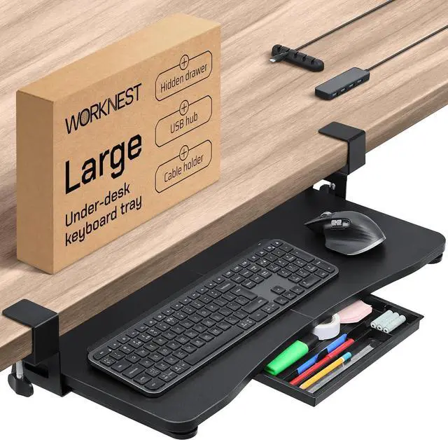 Main image of Keyboard Tray | Under Desk Keyboard Tray Slide Out w/Adjustable C-Clamps for Desks Up to 1.5-Inch-Thick | Clamp On Drawer with 1x USB-C to 4 USB-A Hub and 1x Five-Cable Management Organizer