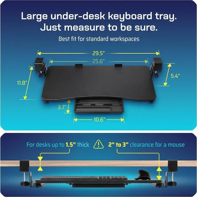 Alt view image 2 of 7 - Keyboard Tray | Under Desk Keyboard Tray Slide Out w/Adjustable C-Clamps for Desks Up to 1.5-Inch-Thick | Clamp On Drawer with 1x USB-C to 4 USB-A Hub and 1x Five-Cable Management Organizer