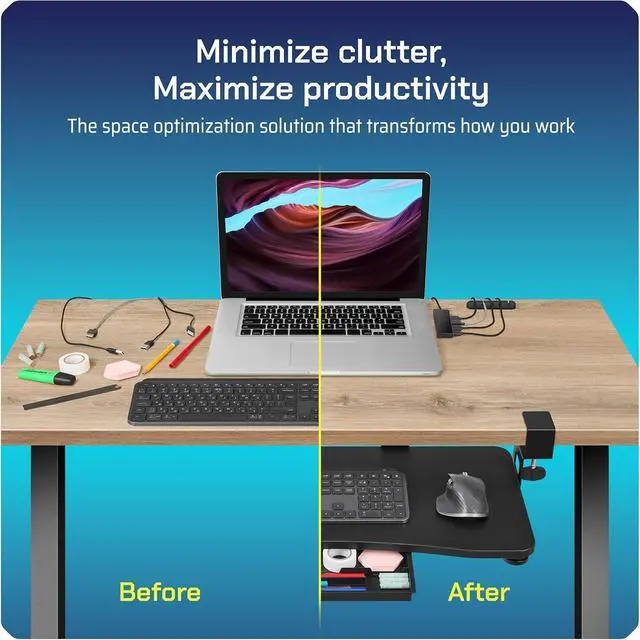 Alt view image 6 of 7 - Keyboard Tray | Under Desk Keyboard Tray Slide Out w/Adjustable C-Clamps for Desks Up to 1.5-Inch-Thick | Clamp On Drawer with 1x USB-C to 4 USB-A Hub and 1x Five-Cable Management Organizer