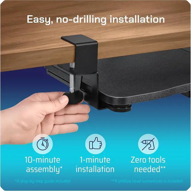 Alt view image 7 of 7 - Keyboard Tray | Under Desk Keyboard Tray Slide Out w/Adjustable C-Clamps for Desks Up to 1.5-Inch-Thick | Clamp On Drawer with 1x USB-C to 4 USB-A Hub and 1x Five-Cable Management Organizer