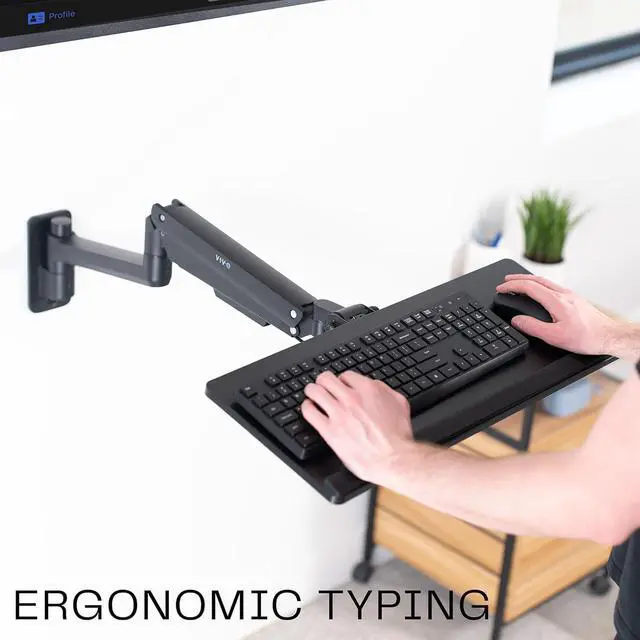 Alt view image 7 of 7 - Sit-Stand 24 Inch Pneumatic Spring Keyboard and Mouse Tray Wall Mount, Counterbalance Height Adjustable Typing Platform, Ergonomic Tilt, Black, MOUNT-KB35C