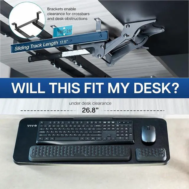 Alt view image 4 of 7 - Premium Adjustable Computer Keyboard and Mouse Platform Tray, Ergonomic Under Table Desk Mount Drawer with Padding, Black, MOUNT-KB27P-B