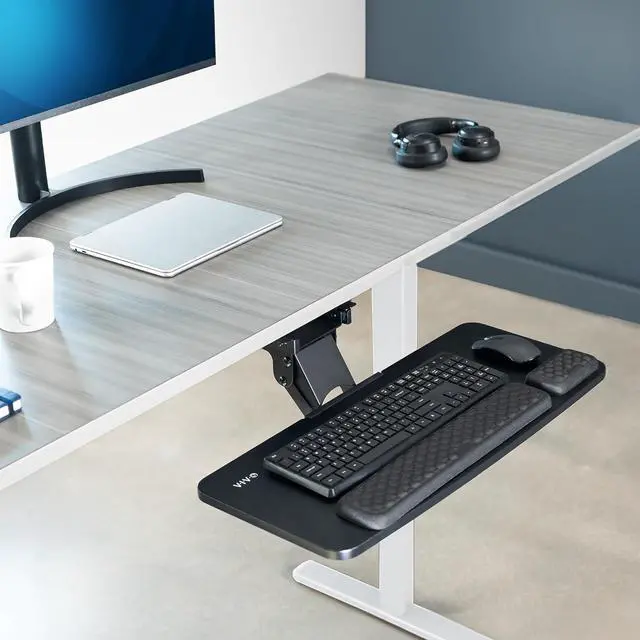 Alt view image 2 of 7 - Premium Adjustable Computer Keyboard and Mouse Platform Tray, Ergonomic Under Table Desk Mount Drawer with Padding, Black, MOUNT-KB27P-B