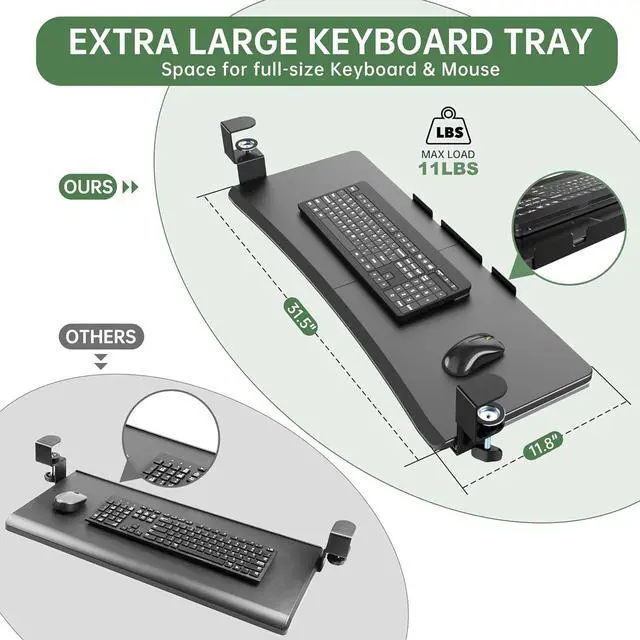 Alt view image 2 of 7 - Extra Large Keyboard Tray Under Desk - Slide Out with Sturdy C-Clip Mount System, 31.5" (35.8" Including Clamps) x 11.8" Put-Out Keyboard Tray Computer Drawer for Ergonomic Typing, Black