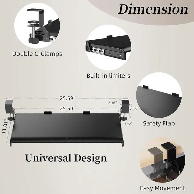 Alt view image 2 of 7 - Keyboard Tray, 25 in. Pine Plastic, Keyboard tray Under Desk with Wrist Rest, Mouse Pad, Cup Mat, Lightweight Slide Out Tray, Easy Assemble Adjustable C clamp