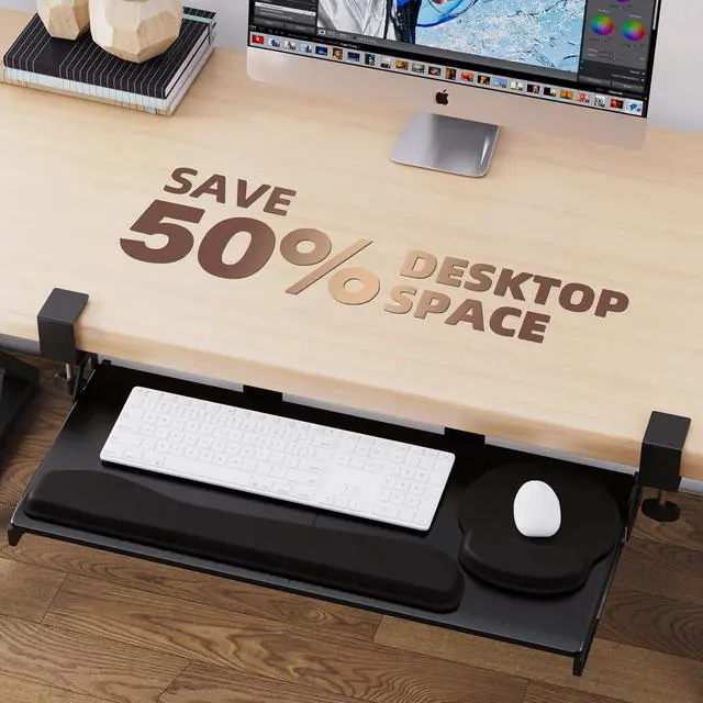 Alt view image 4 of 7 - Keyboard Tray, 25 in. Pine Plastic, Keyboard tray Under Desk with Wrist Rest, Mouse Pad, Cup Mat, Lightweight Slide Out Tray, Easy Assemble Adjustable C clamp