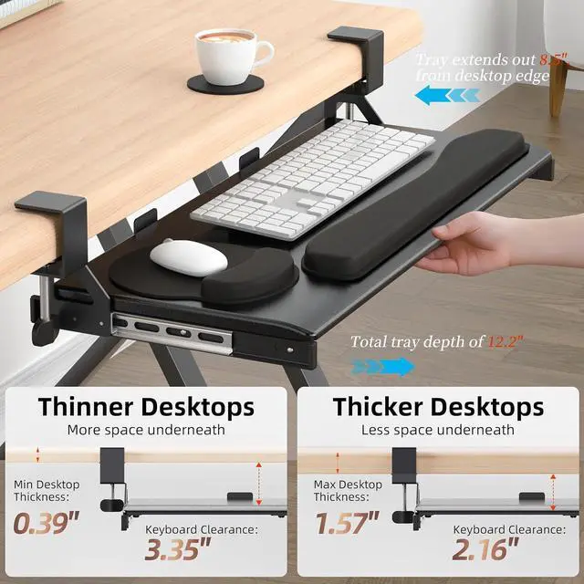 Alt view image 5 of 7 - Keyboard Tray, 25 in. Pine Plastic, Keyboard tray Under Desk with Wrist Rest, Mouse Pad, Cup Mat, Lightweight Slide Out Tray, Easy Assemble Adjustable C clamp