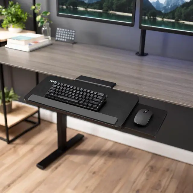 Alt view image 2 of 7 - Extra Large Adjustable Computer Keyboard Tray with Slide-Out Mouse Platform, Ergonomic Under Table Tilting Desk Mount Shelf with Padding, Black, MOUNT-KB07B