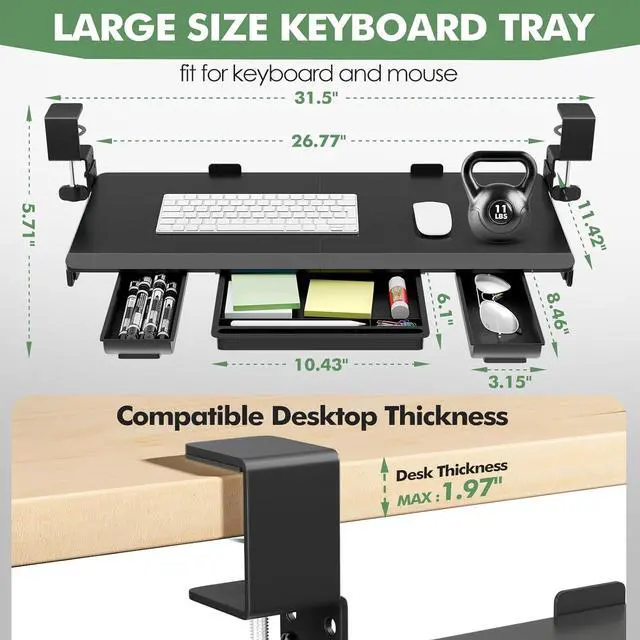 Alt view image 2 of 7 - Height Adjustable Keyboard Tray Under Desk Slide Out, 27(33 Including Clamps)*11 Inch, Ergonomic Keyboard & Mouse Drawer Extender Holder, Sturdy C-Clamp Mount, for Home, Office, Black