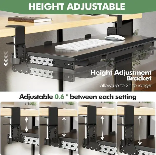 Alt view image 3 of 7 - Height Adjustable Keyboard Tray Under Desk Slide Out, 27(33 Including Clamps)*11 Inch, Ergonomic Keyboard & Mouse Drawer Extender Holder, Sturdy C-Clamp Mount, for Home, Office, Black