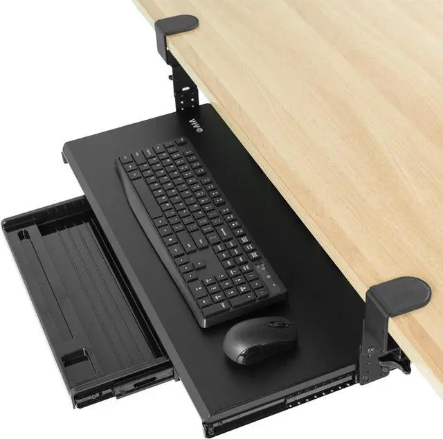 Main image of Large Clamp-on Height Adjustable Keyboard Tray, Pull Out Platform, Pencil Drawer, 27 (33 Including Clamps) x 11 inch Slide-Out Tray Storage Drawer, Black, MOUNT-KB05-4DH