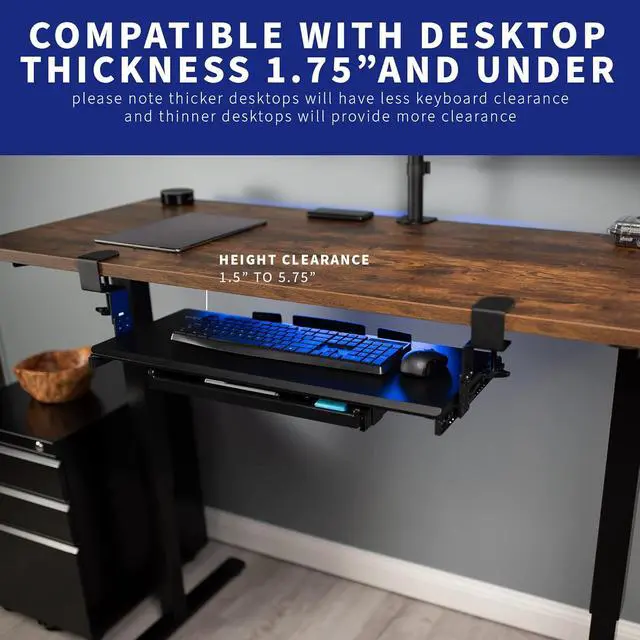 Alt view image 3 of 7 - Large Clamp-on Height Adjustable Keyboard Tray, Pull Out Platform, Pencil Drawer, 27 (33 Including Clamps) x 11 inch Slide-Out Tray Storage Drawer, Black, MOUNT-KB05-4DH