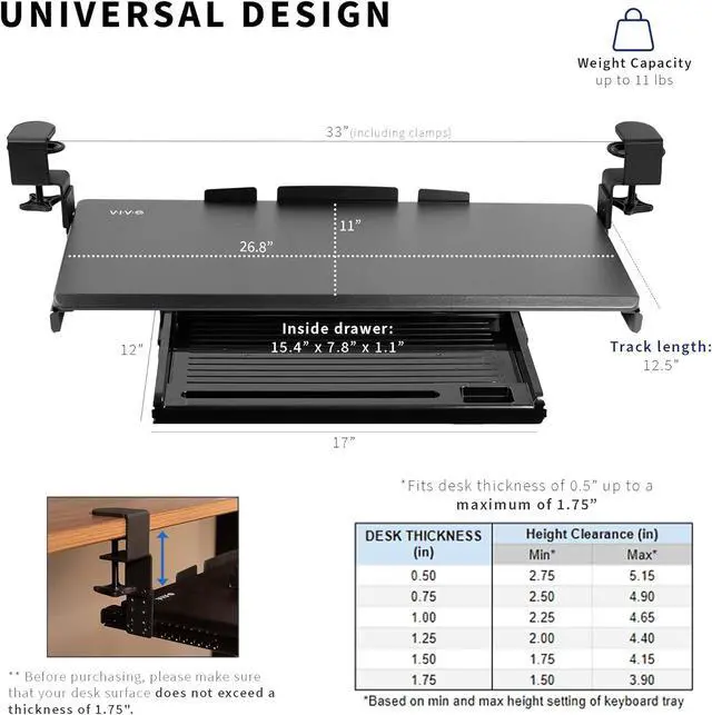Alt view image 5 of 7 - Large Clamp-on Height Adjustable Keyboard Tray, Pull Out Platform, Pencil Drawer, 27 (33 Including Clamps) x 11 inch Slide-Out Tray Storage Drawer, Black, MOUNT-KB05-4DH