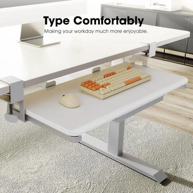 Alt view image 2 of 7 - Keyboard Tray Under Desk, Pull Out Keyboard & Mouse Tray with C Clamp Mount, Sliding Keyboard Holder for Desk, 25.6 x 11.8 inch Large Slide-Out Platform Computer Drawer for Typing, White