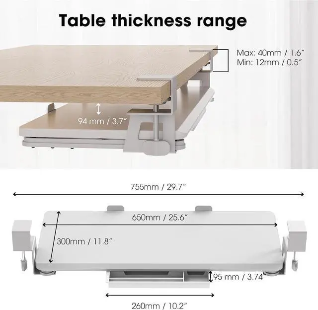 Alt view image 5 of 7 - Keyboard Tray Under Desk, Pull Out Keyboard & Mouse Tray with C Clamp Mount, Sliding Keyboard Holder for Desk, 25.6 x 11.8 inch Large Slide-Out Platform Computer Drawer for Typing, White