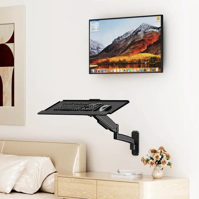 Alt view image 2 of 7 - Keyboard Tray Wall Mount,Sit-Stand 26 Inch Keyboard and Mouse Stand,Height Adjustable Typing Platform,360 Degree Rotation, Holds up to 19.8 lbs, Black